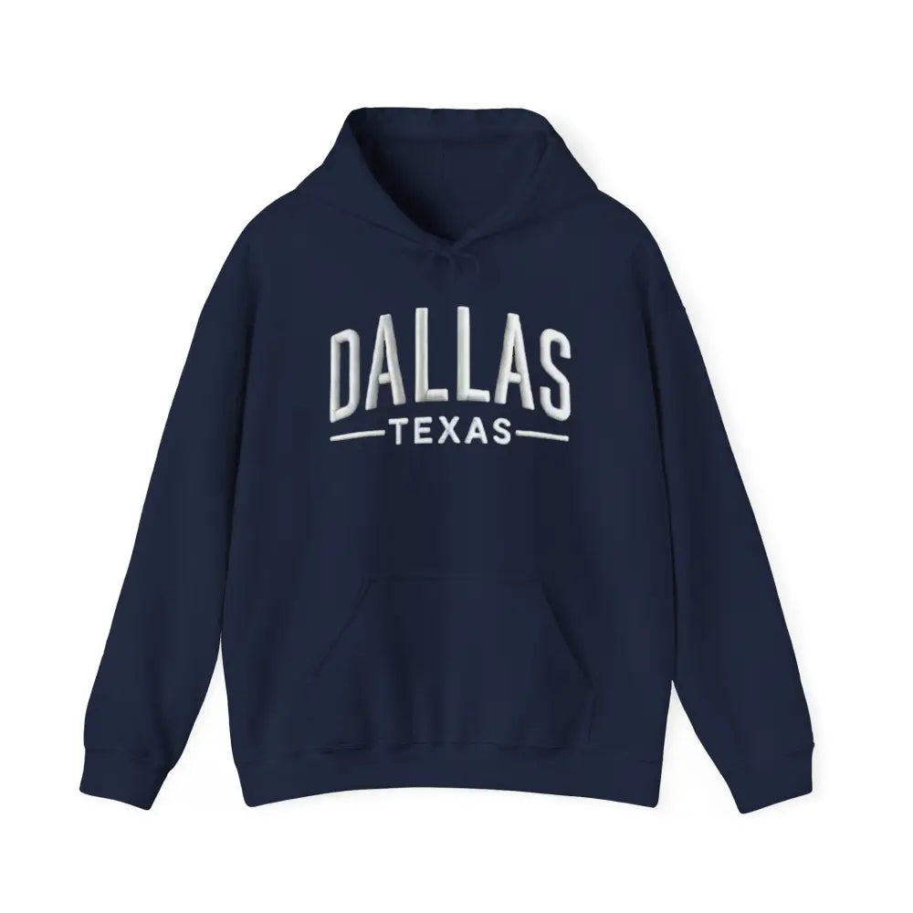 Navy blue Dallas Texas unisex hoodie with white text perfect for make America great pride