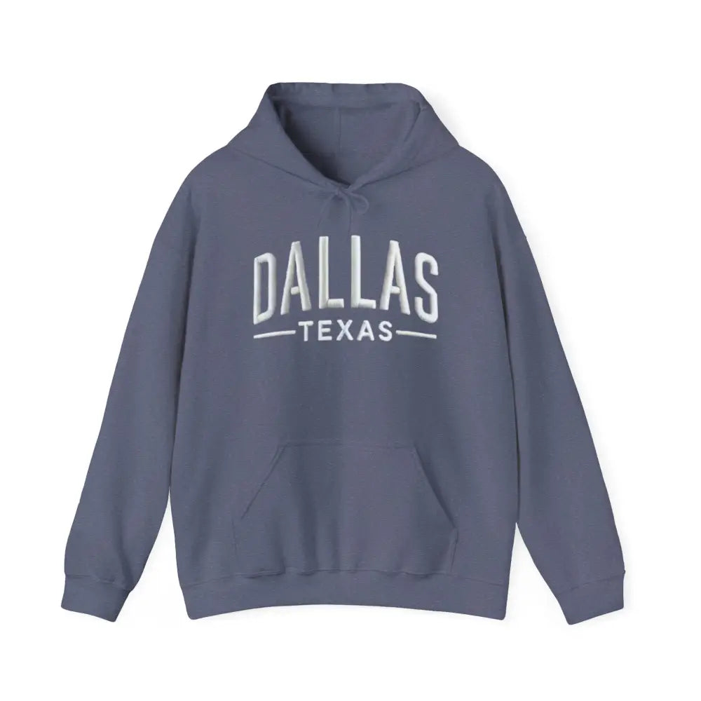 Blue-grey Dallas Texas unisex hoodie with white text, perfect for make America great style