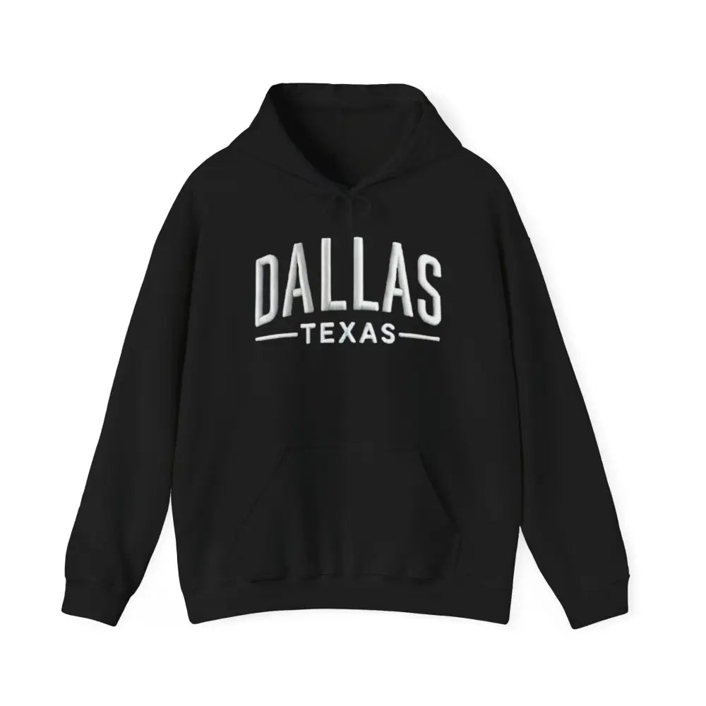 Black Dallas Texas unisex hoodie with white text, perfect for make America great style