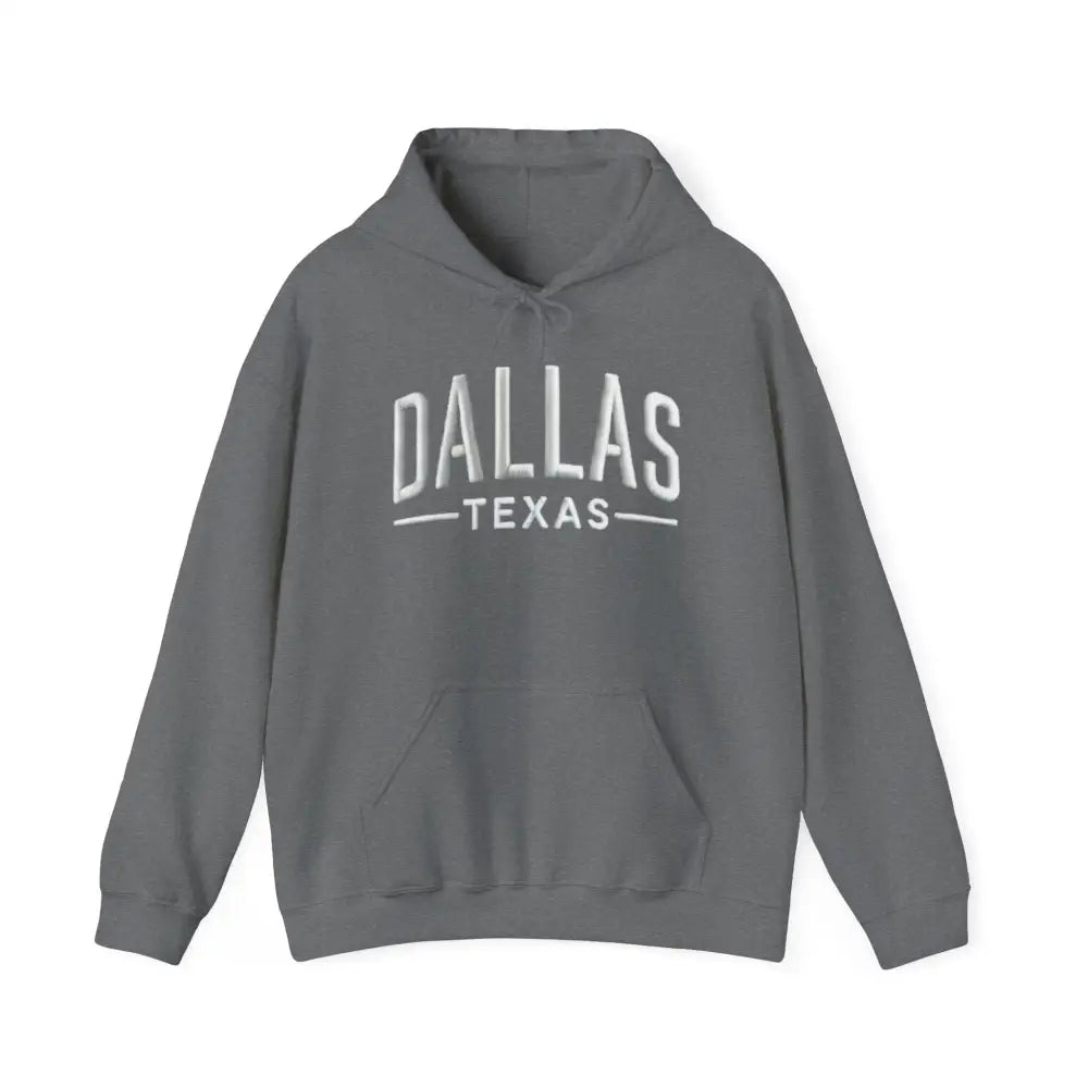 Gray Dallas Texas unisex hoodie with white text, perfect for make America great pride