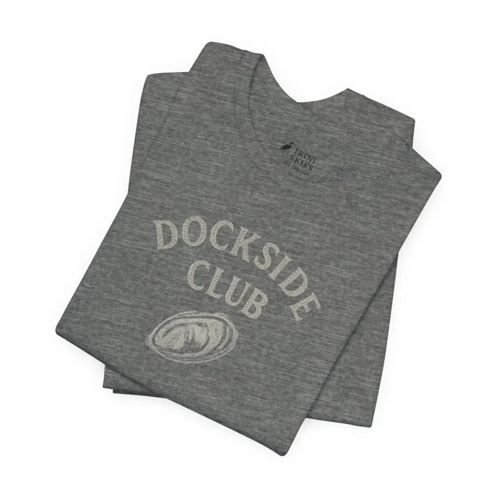 Folded gray heathered Dockside Club Graphic Tee by Trini Skies Supply with oyster dockside tee style