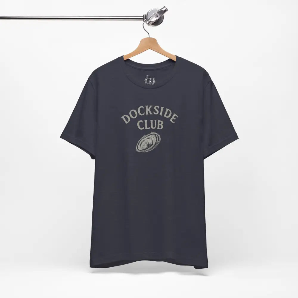 Dark blue Dockside Club graphic tee with DOCKSIDE CLUB text by Trini Skies Supply