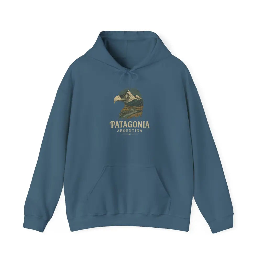 Blue hoodie with eagle graphic and mountains, perfect for Patagonia mountain range fans