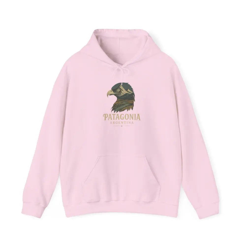 Light pink cozy hooded sweatshirt with eagle head graphic, Patagonia Mountain Range design