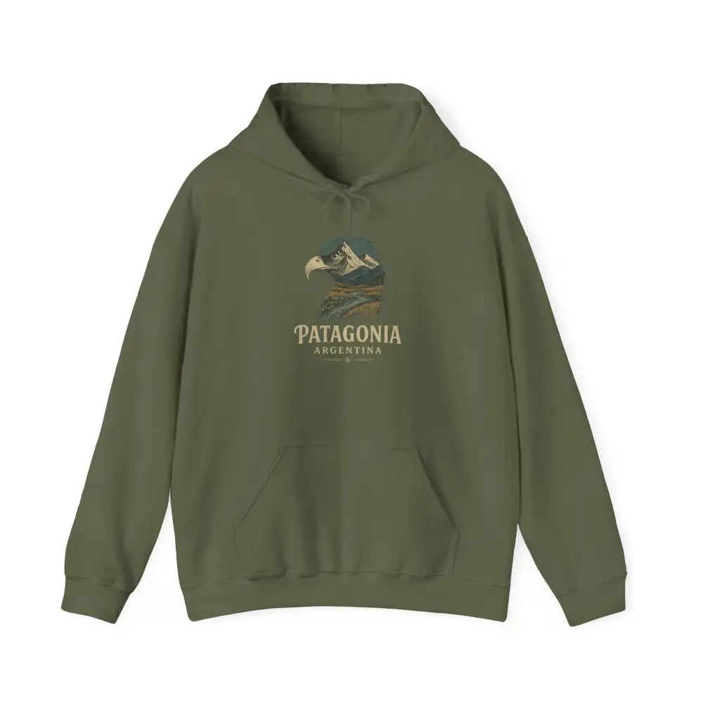 Olive green cozy hooded sweatshirt with eagle graphic over Patagonia mountain range scene