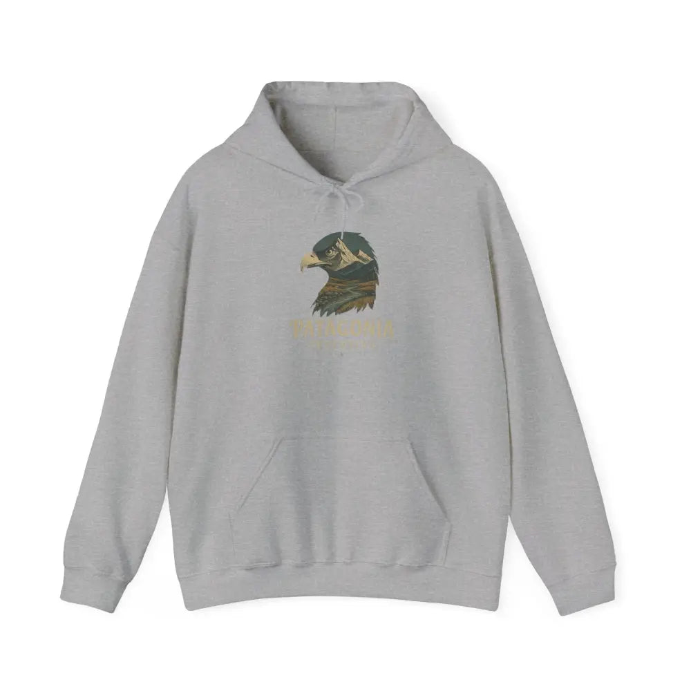 Light gray Patagonia Mountain Range hoodie with eagle head graphic and cozy hood
