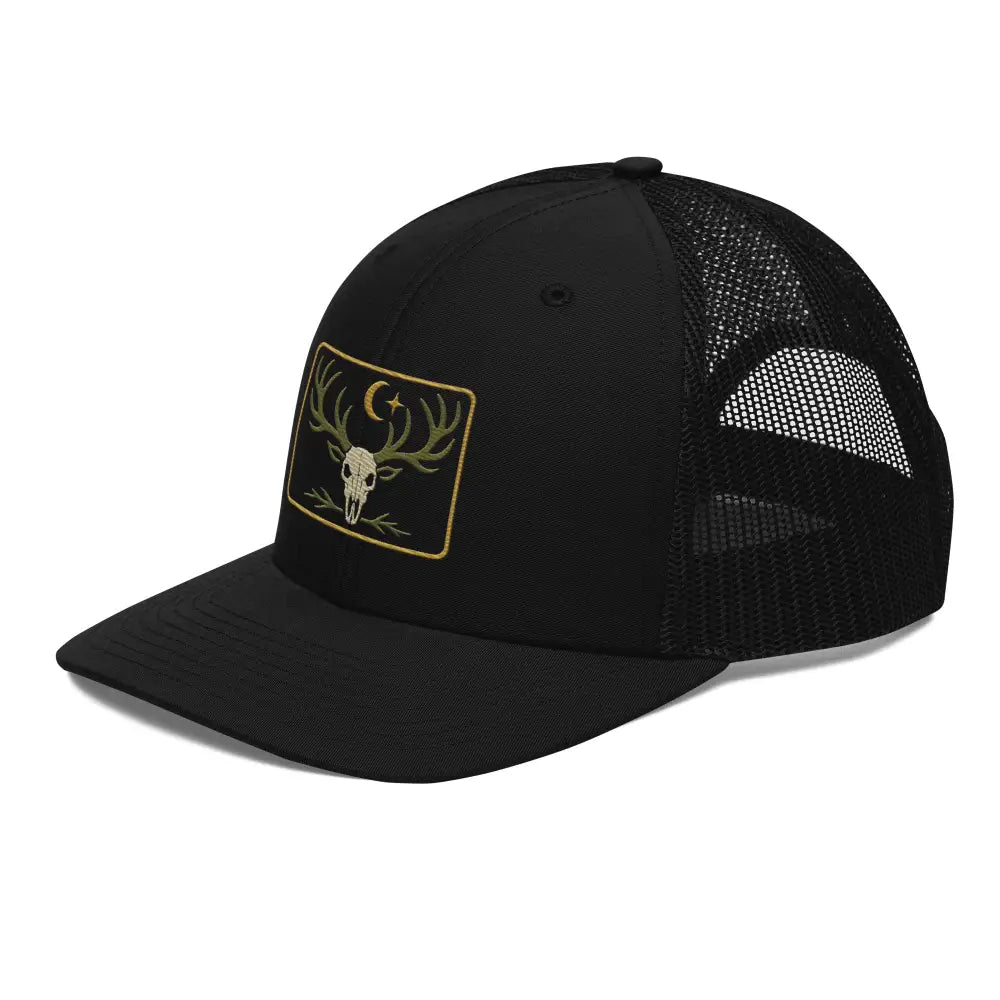 Black mesh back trucker hat with embroidered heritage skull deer skull and antlers patch