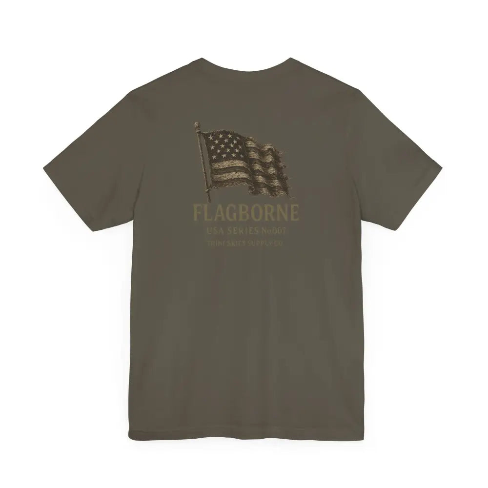 Olive green T-shirt with American flag graphic from Trini Skies Supply