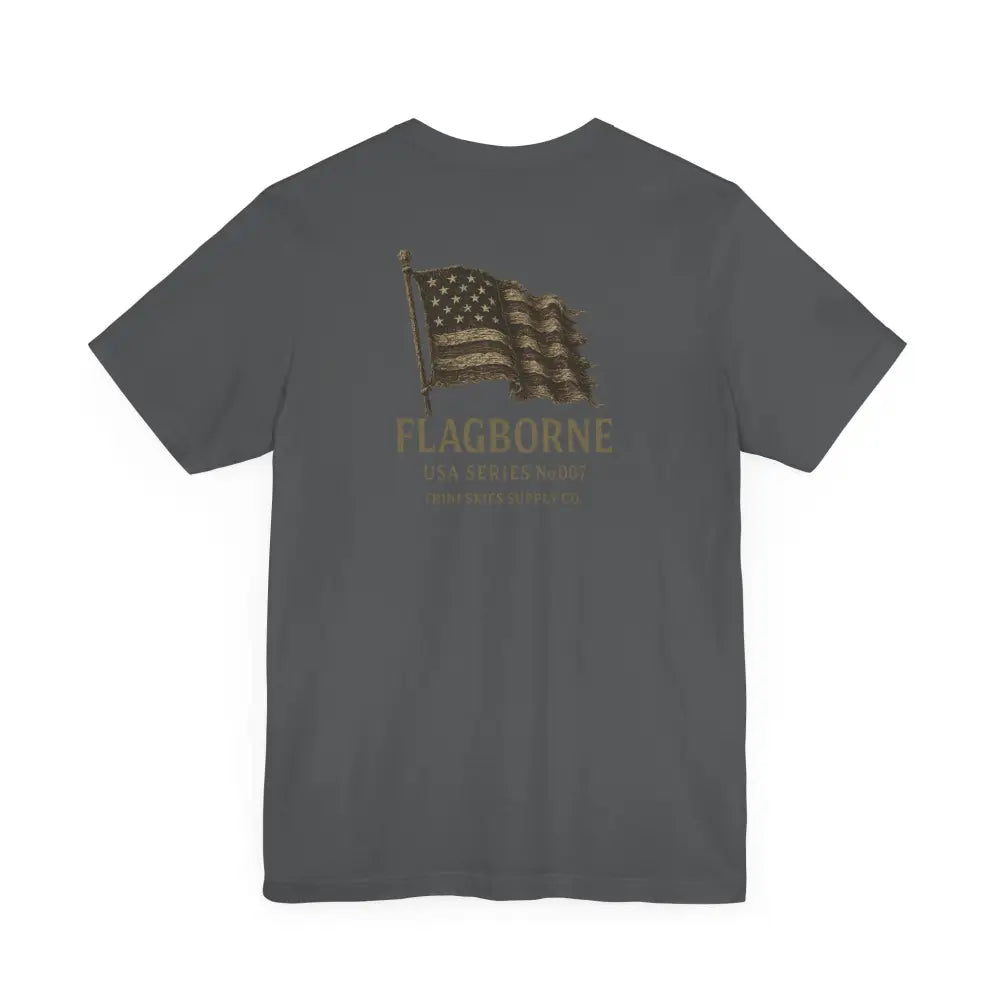 Dark gray crewneck tee with distressed American flag graphic by Trini Skies Supply