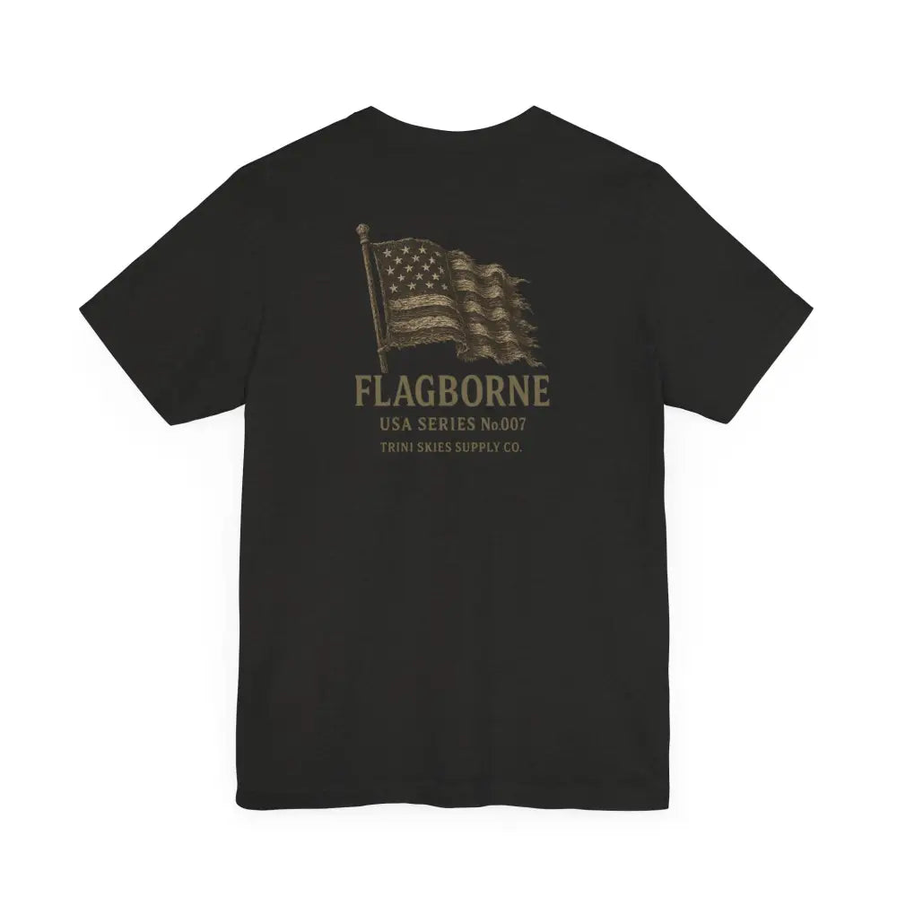 Black T-shirt with distressed American flag graphic from Trini Skies Supply for make America great