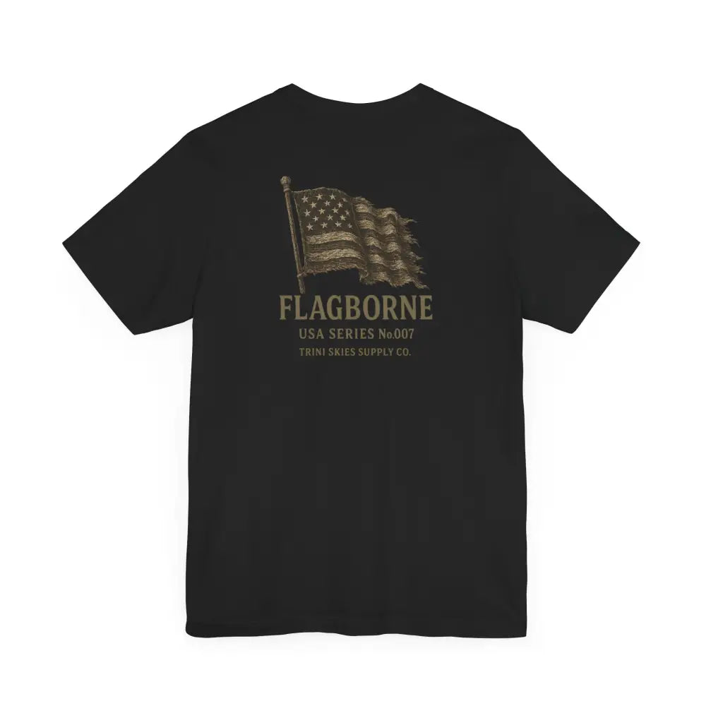 Black Flagborne American Flag Graphic Tee from Trini Skies Supply showcasing distressed flag design