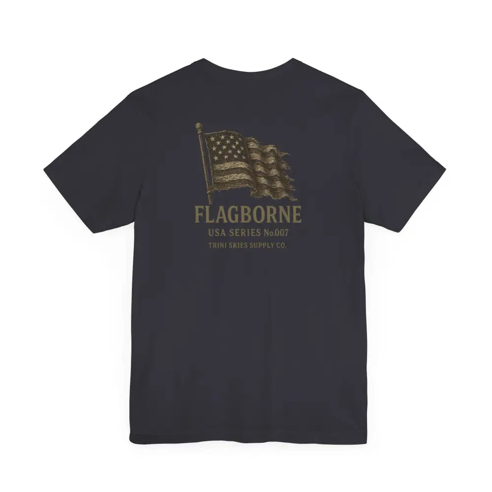 Dark gray crewneck T-shirt with distressed American flag graphic from Trini Skies Supply