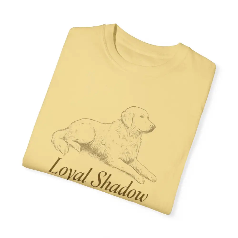 Light yellow unisex garment-dyed t-shirt with golden retriever graphic