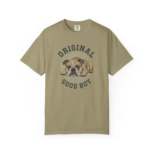 Olive green Good Boy Bulldog Graphic Tee featuring a vintage-inspired boy bulldog design