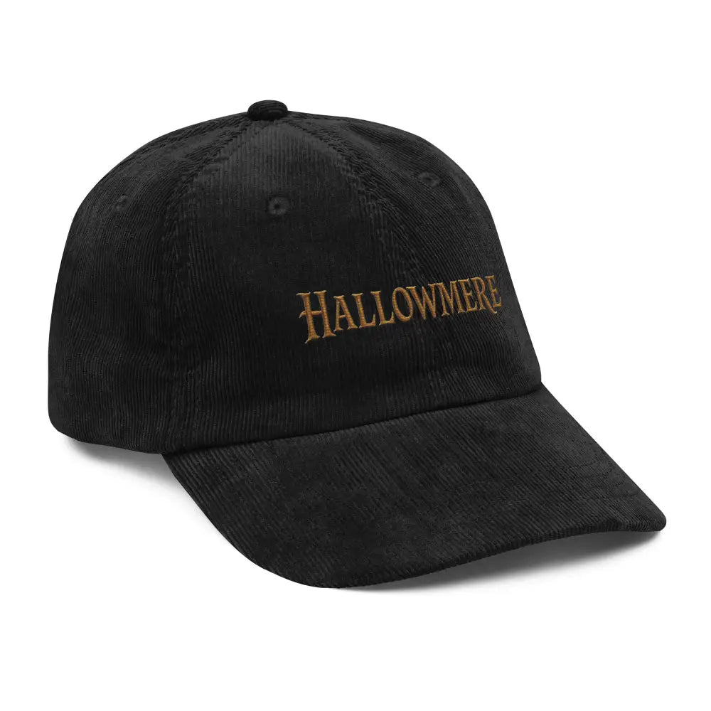 Black Hallowmere corduroy hat with gothic dark academia embroidered HALLOWMERE in gold