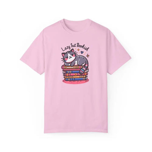 Pink T-shirt with bookish adorable cat graphic on a stack of books for a stylish look