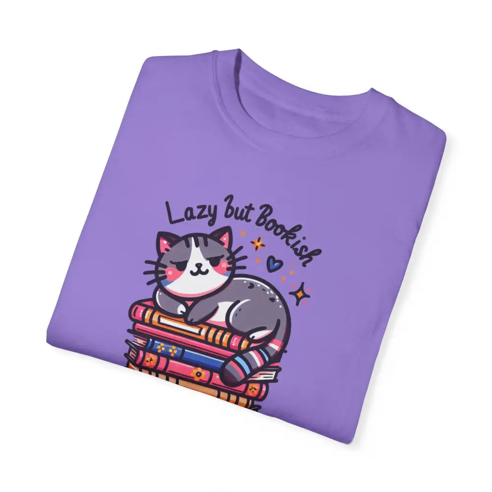 Purple folded T-shirt featuring a bookish adorable cat graphic for a stylish look