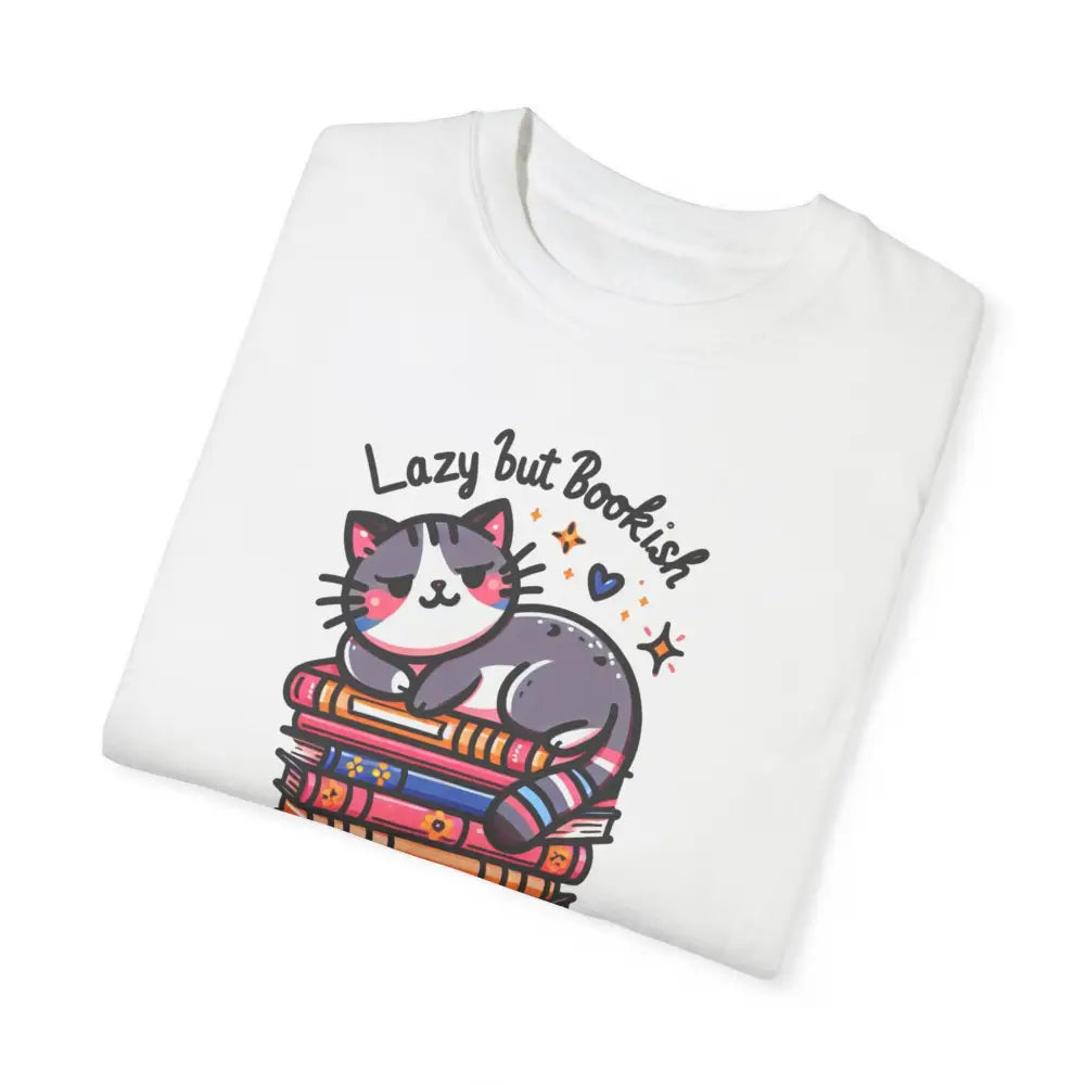 White T-shirt with bookish adorable cat graphic and Lazy but Bookish phrase