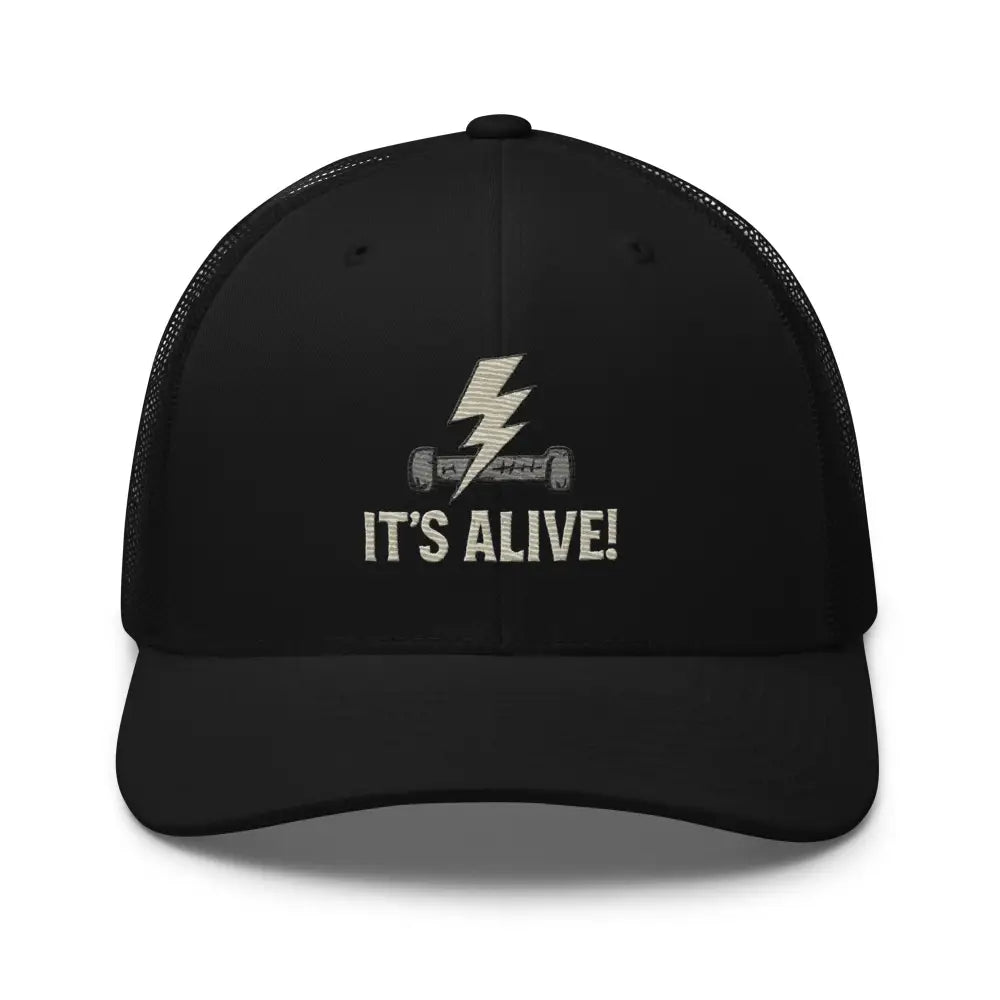 Black trucker hat brings resistor graphic embroidered design with lightning bolt and dumbbell