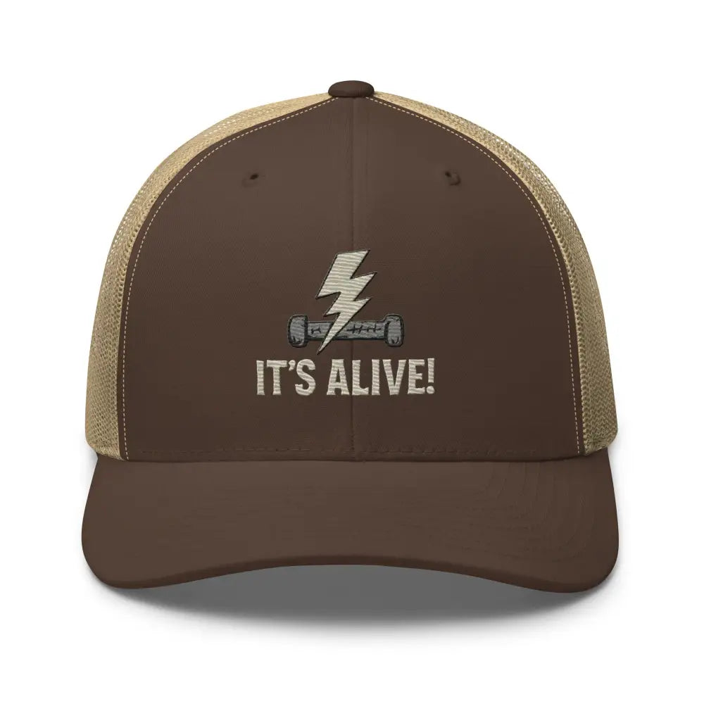 Brown trucker hat with embroidered resistor graphic and lightning bolt design