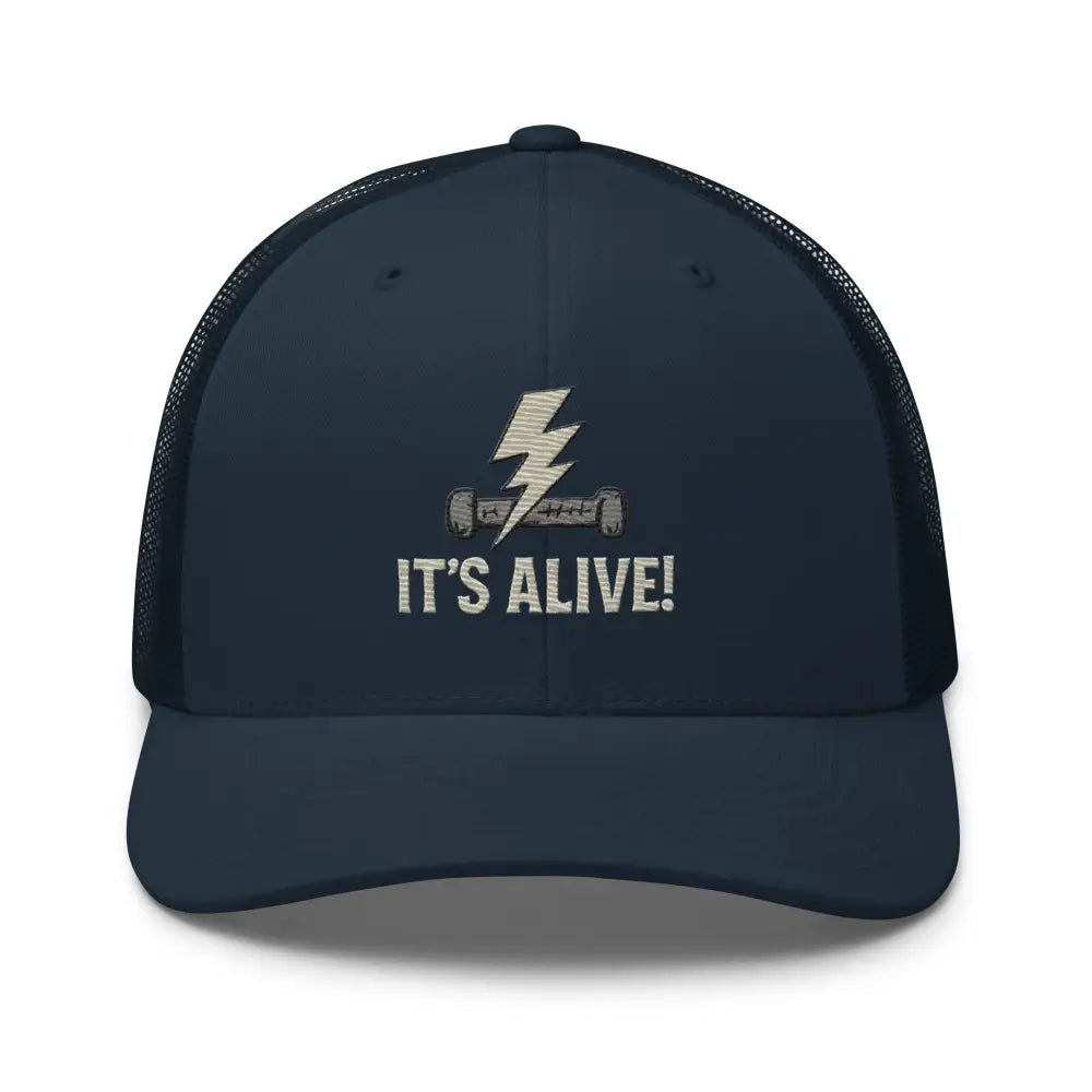 Navy blue trucker hat with lightning bolt resistor graphic embroidered and IT’S ALIVE! text
