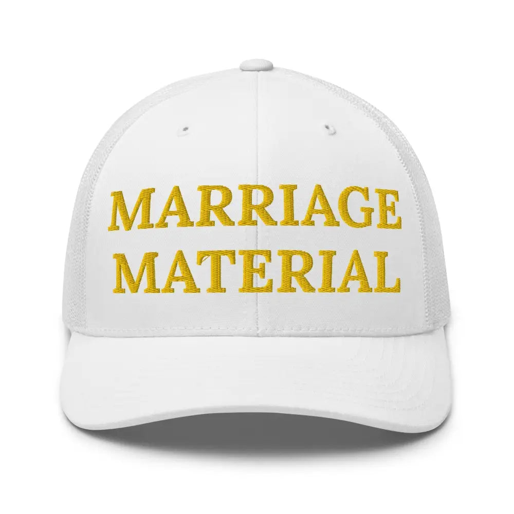 White trucker hat with yellow marriage material embroidered text, Trini Skies corduroy cap