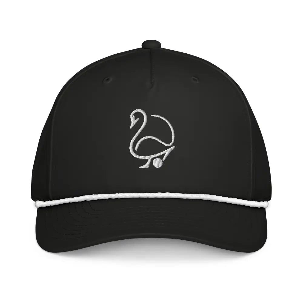 Black Trini Skies embroidered rope cap with minimalist swan golf logo