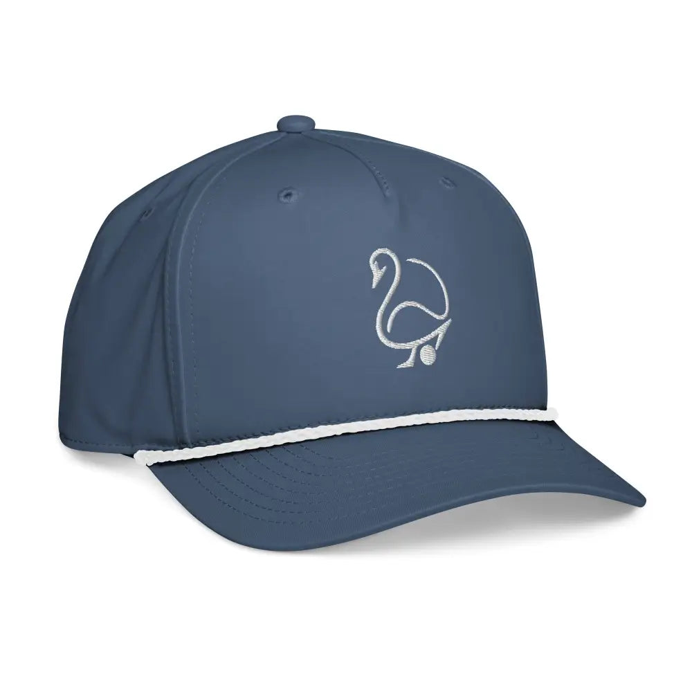 Navy blue Trini Skies minimalist swan golf embroidered rope cap with white braided detail