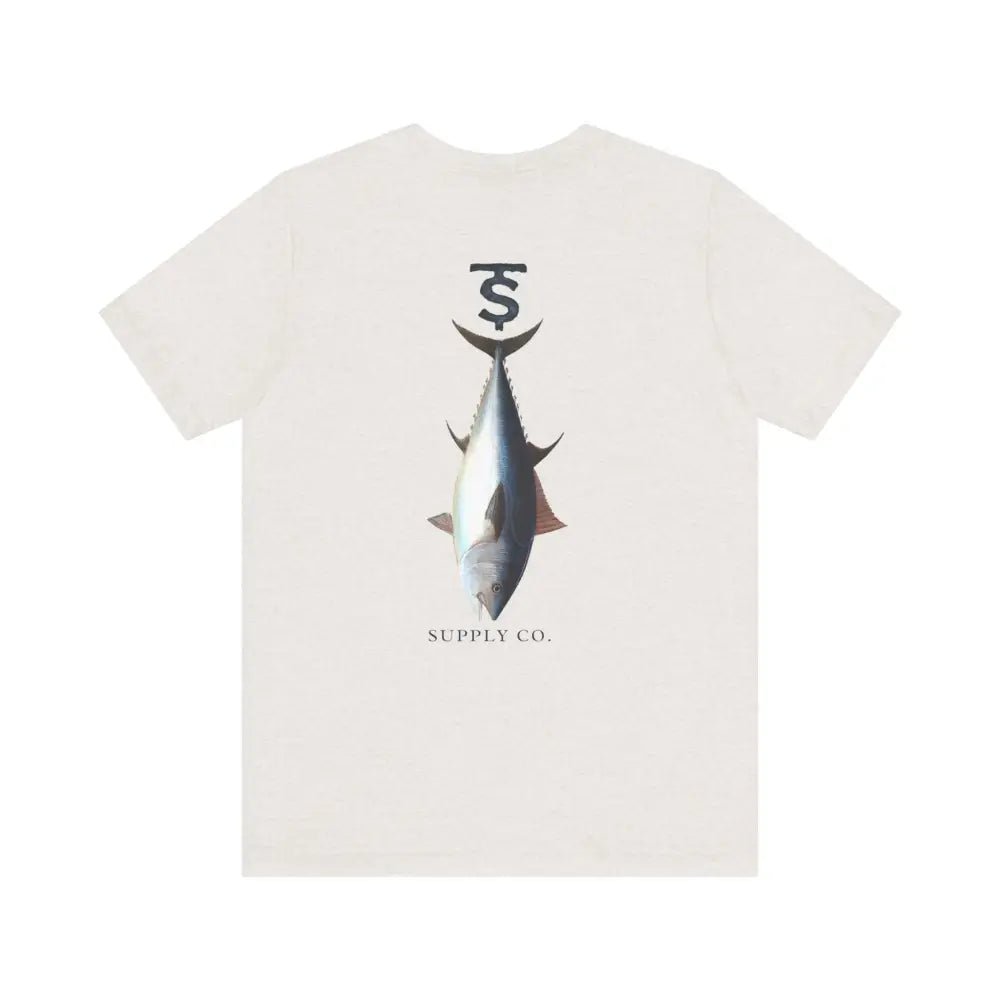 White Monogram Tuna Fishing Graphic Tee from Trini Skies Supply with dollar sign design