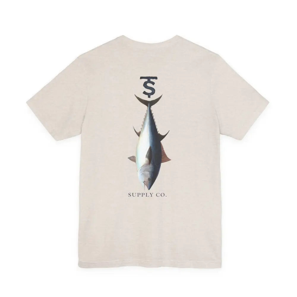 Cream-colored monogram tuna fishing graphic tee from Trini Skies Supply with dollar sign logo