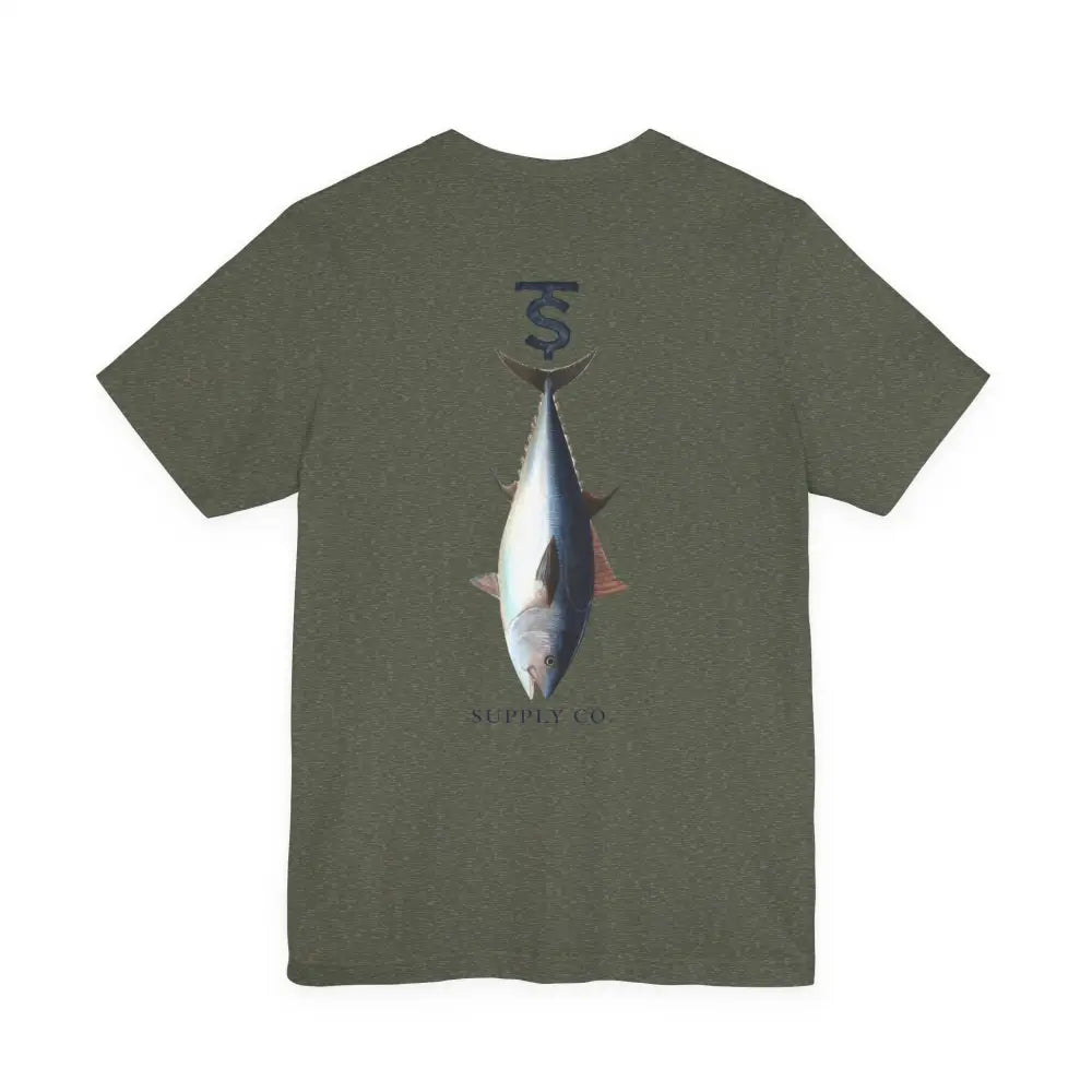 Olive green Monogram Tuna Fishing Graphic Tee from Trini Skies Supply with tuna design