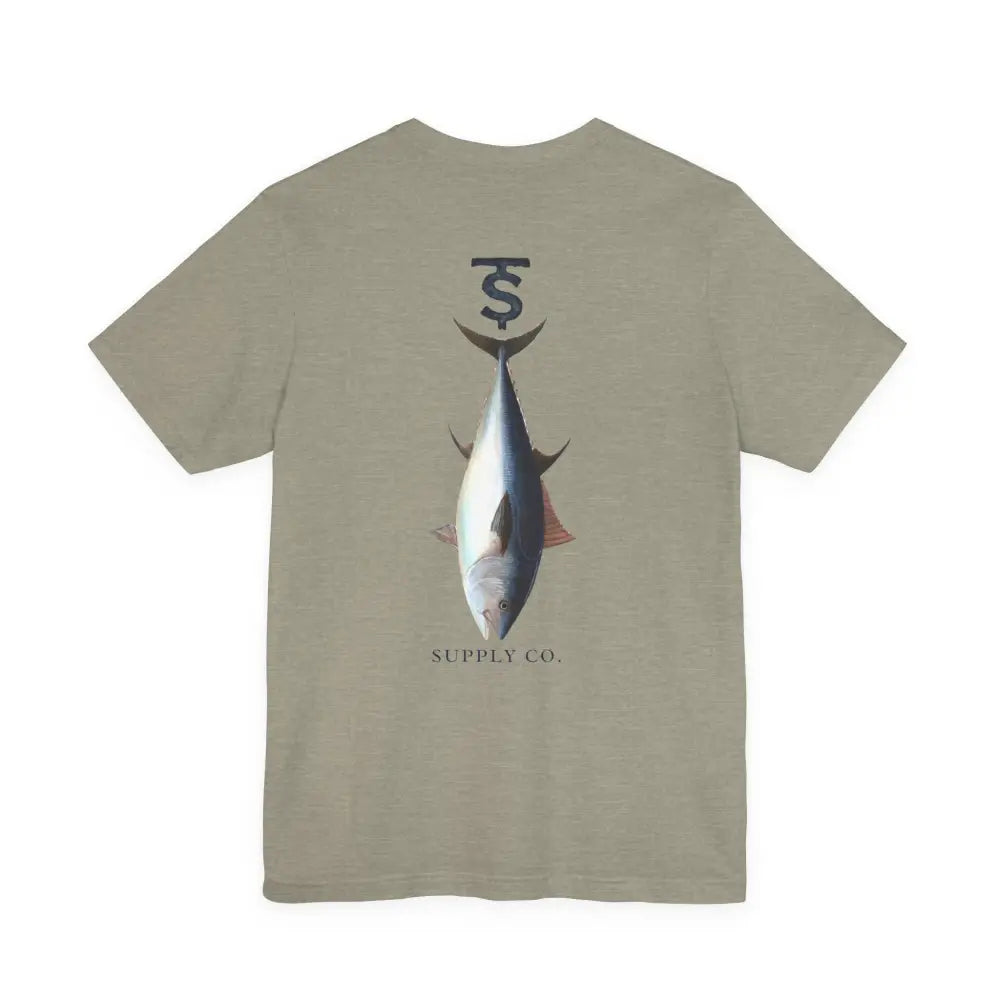 Beige Monogram Tuna Fishing Graphic Tee from Trini Skies Supply with fish and dollar sign