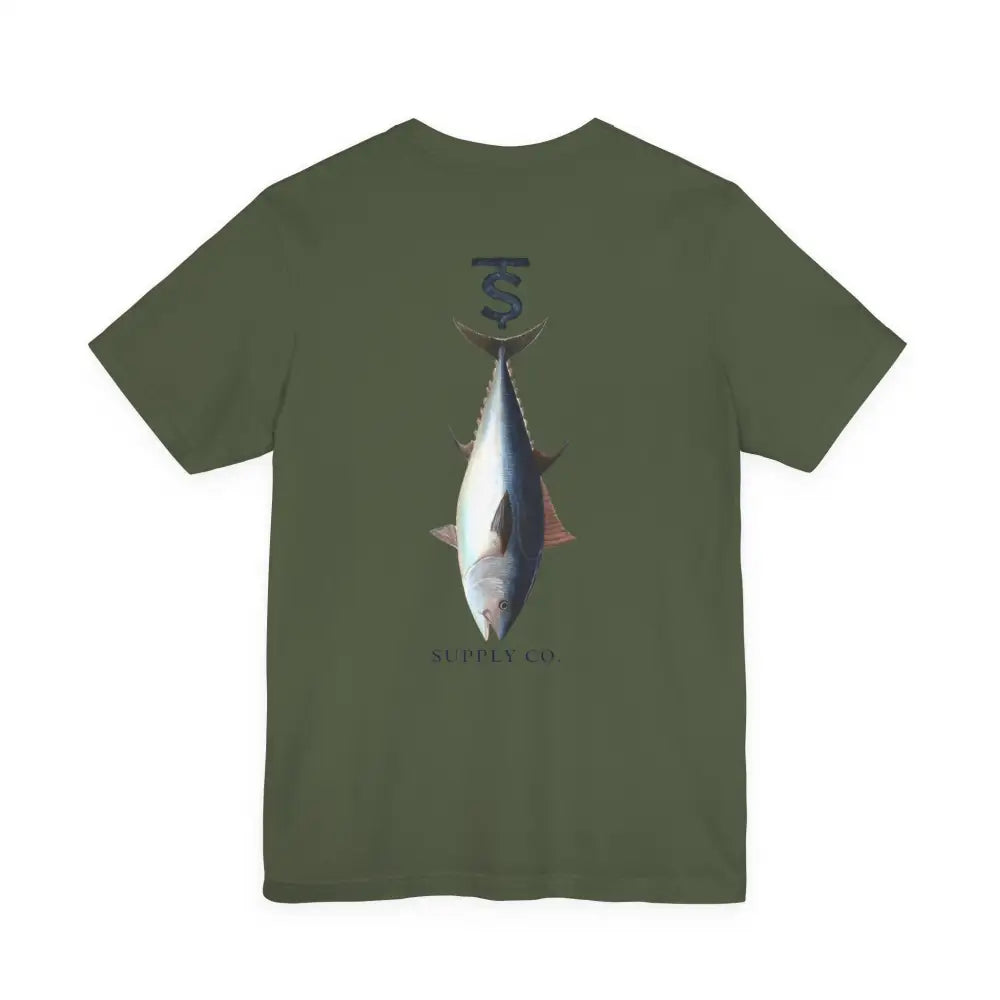 Olive green T-shirt with monogram tuna fishing graphic from Trini Skies Supply