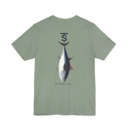 Light green Monogram Tuna Fishing Graphic Tee from Trini Skies Supply with tuna and dollar sign