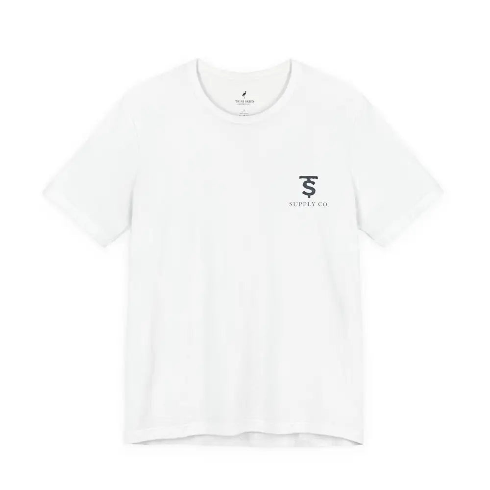 White crew-neck t-shirt with monogram tuna fishing graphic by Trini Skies Supply