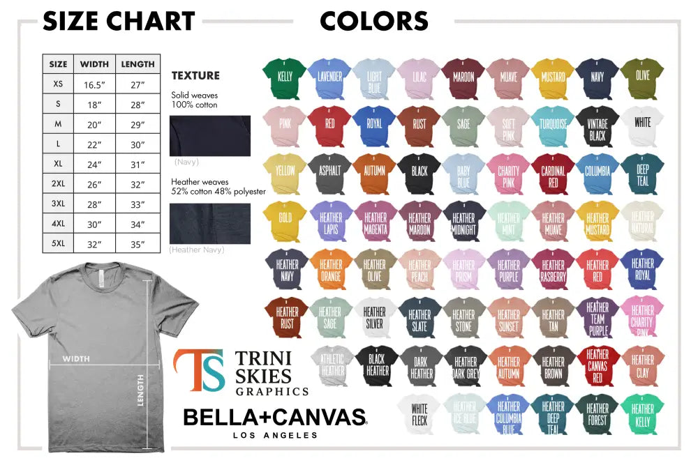 T-shirt size and color chart for Monogram Tuna Fishing Graphic Tee at Trini Skies Supply