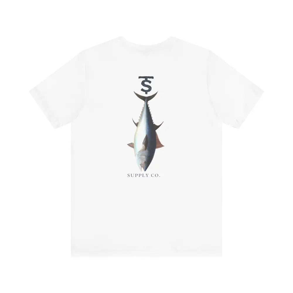 White short-sleeve T-shirt with monogram tuna fishing graphic by Trini Skies Supply