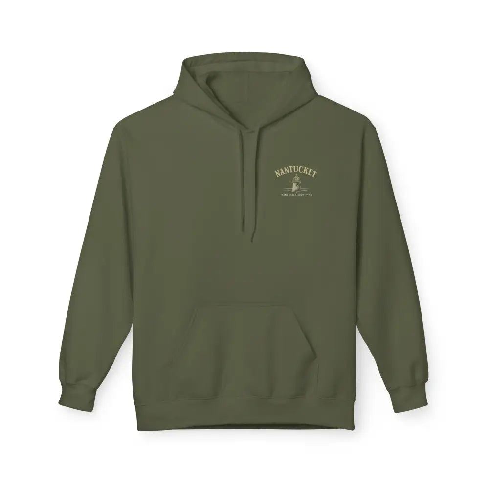 Olive green Nantucket Lighthouse Coastal Graphic Hoodie with front pocket and small chest graphic