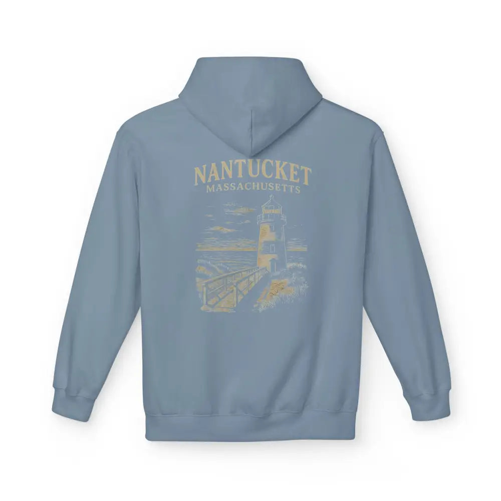Light blue Nantucket Lighthouse Coastal Graphic Hoodie showcasing timeless coastal charm