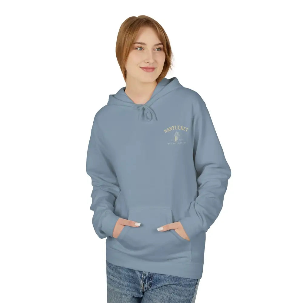 Light blue Nantucket Lighthouse Coastal Graphic Hoodie with front pocket for timeless coastal charm