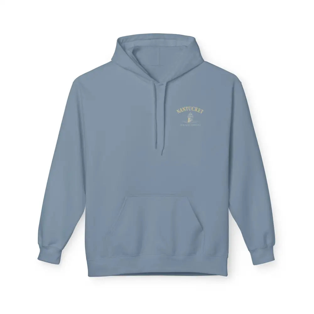 Light blue Nantucket Lighthouse Coastal Graphic Hoodie with small yellow-green chest graphic