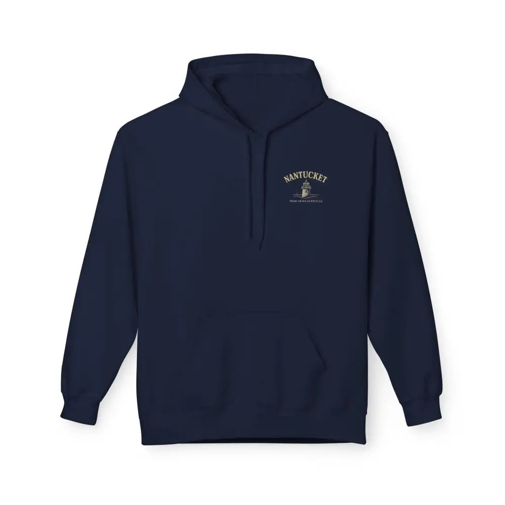Navy blue Nantucket Lighthouse Coastal Graphic Hoodie with small graphic on chest
