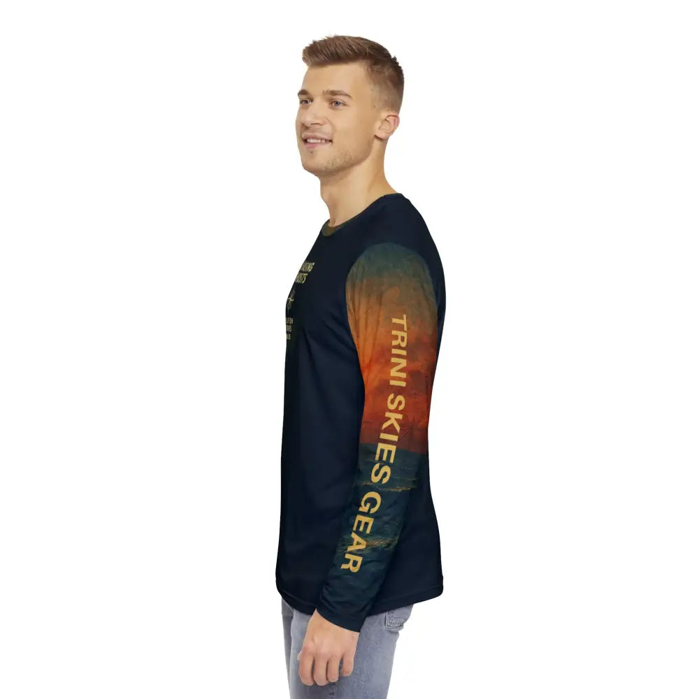 Men’s navy blue long-sleeve fishing adventure tee with colorful gradient sleeve and text
