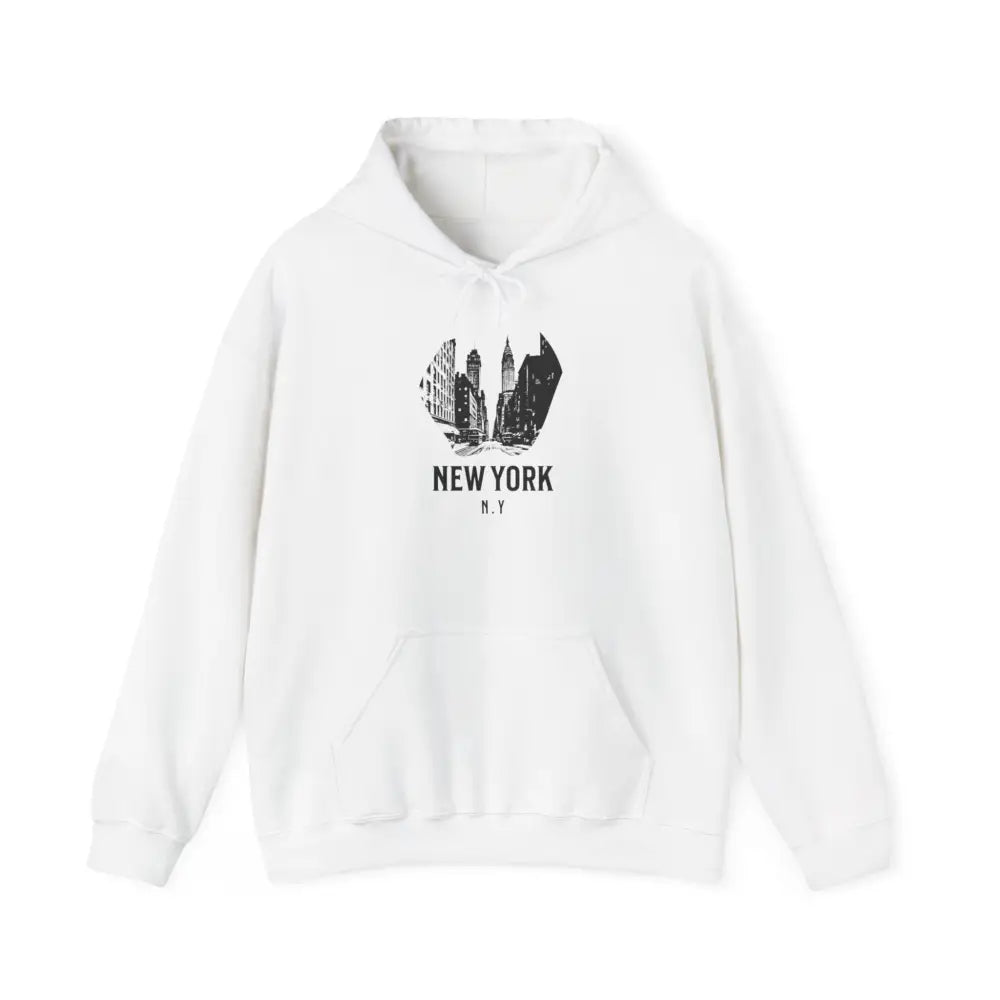 White hoodie with a black New York Cityscape graphic polyester blend for a stylish look