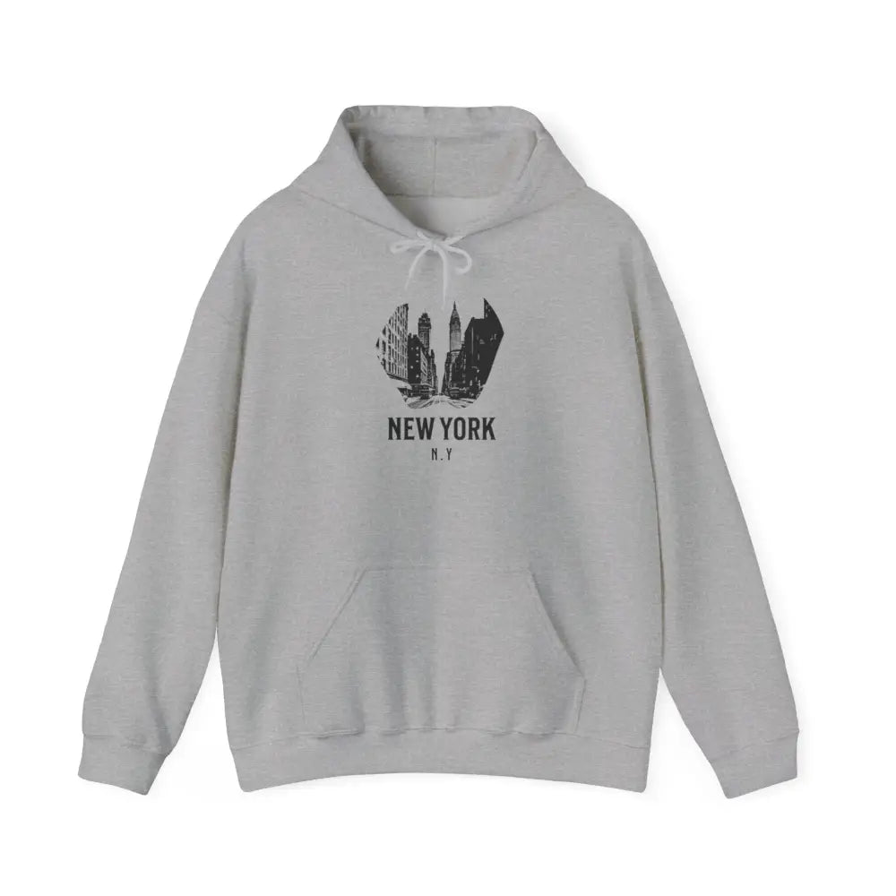 Light gray hoodie with New York City skyscrapers graphic made from polyester blend fabric