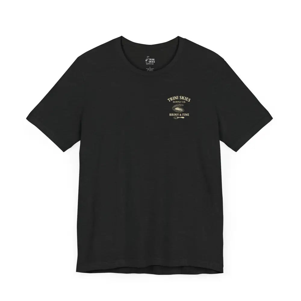 Black short-sleeved T-shirt with small graphic design from Oyster Dive at Trini Skies Supply