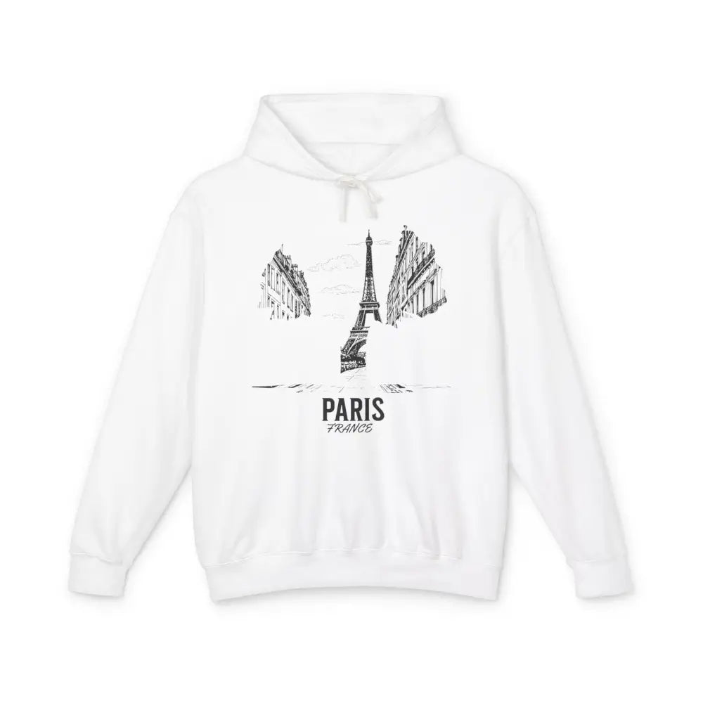 White Paris France hoodie with Eiffel Tower sketch and Paris street art design