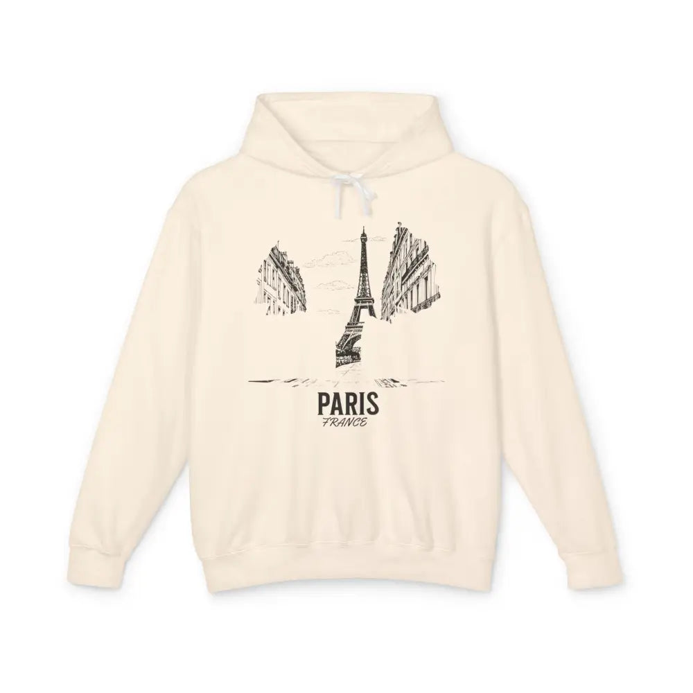 Cream-colored Paris France hoodie with Eiffel Tower sketch and Parisian buildings design