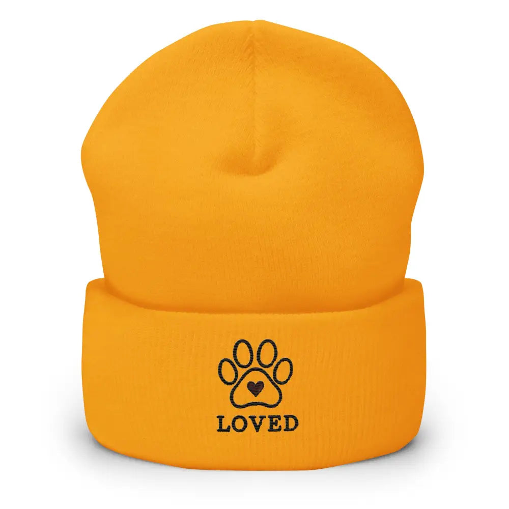 Orange embroidered pet lovers beanie with paw print and heart design, Trini Skies cat cuffed beanie