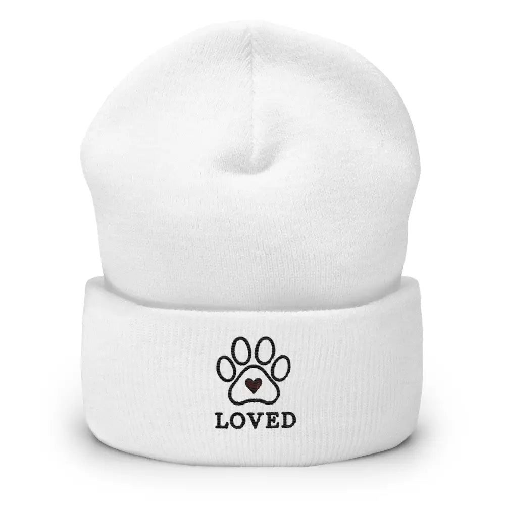 White beanie with black paw print embroidery and LOVED text, perfect for pet lovers